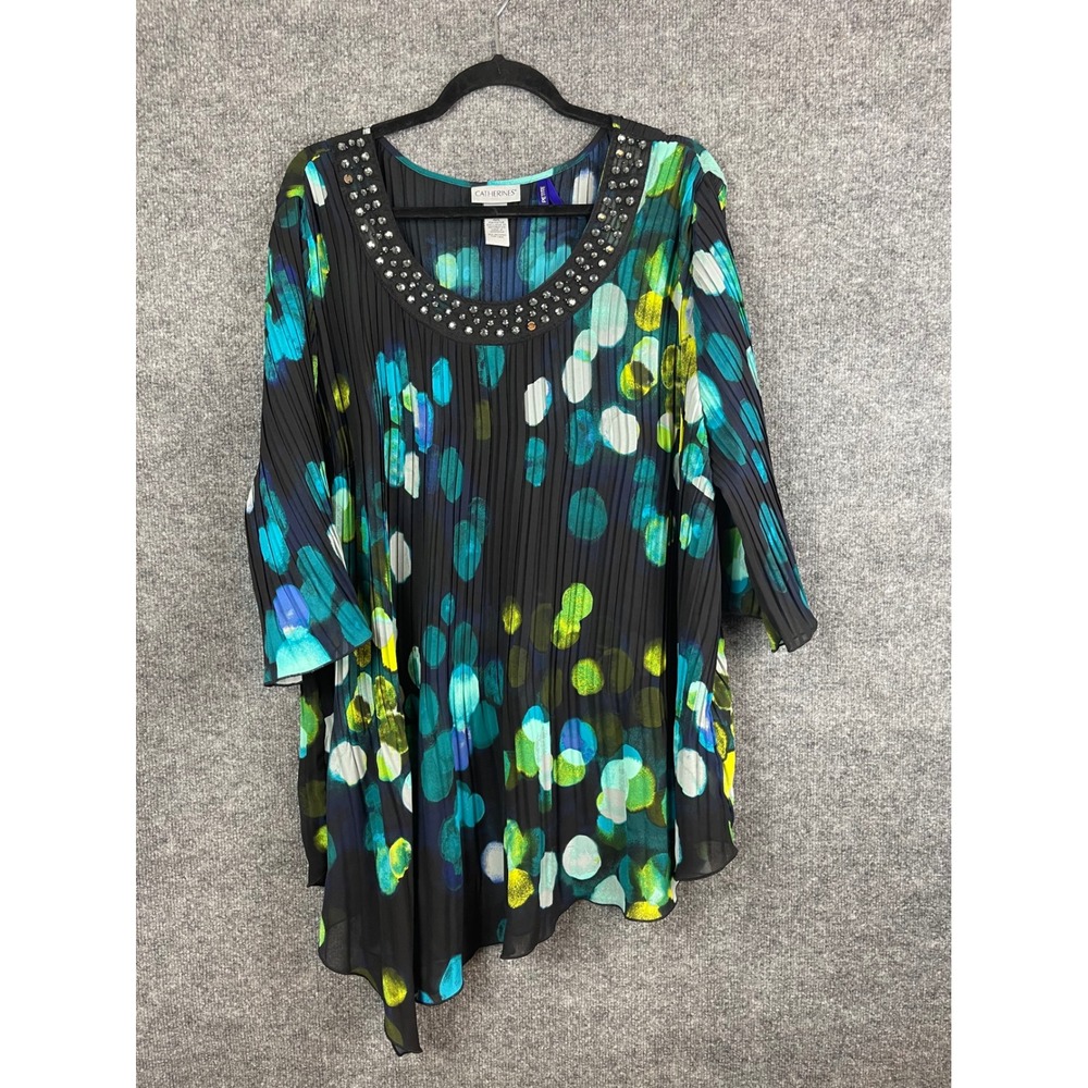 Catherines Tunic Top Women's Petite‎ Blue Green Pleated Beaded Asymmetric 3XWP